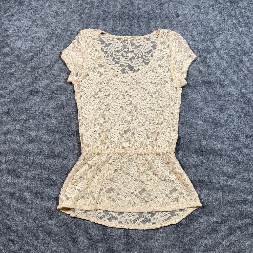 Kirra Women Cream Floral Lace Peplum Top Short Sleeve Scoop Neck Sheer Small